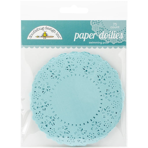 Package of 75 aqua blue paper doilies with an intricate lace-like pattern, labeled for cupcake use.
