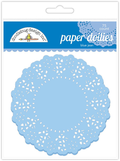 Package of 75 jean blue paper doilies with an intricate lace-like pattern, labeled for cupcake use.