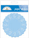 Package of 75 jean blue paper doilies with an intricate lace-like pattern, labeled for cupcake use.