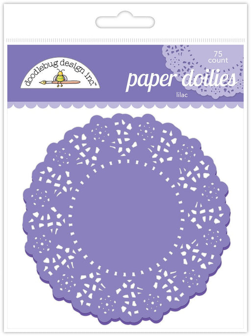 Package of 75 lilac paper doilies with an intricate lace-like pattern, labeled for cupcake use.