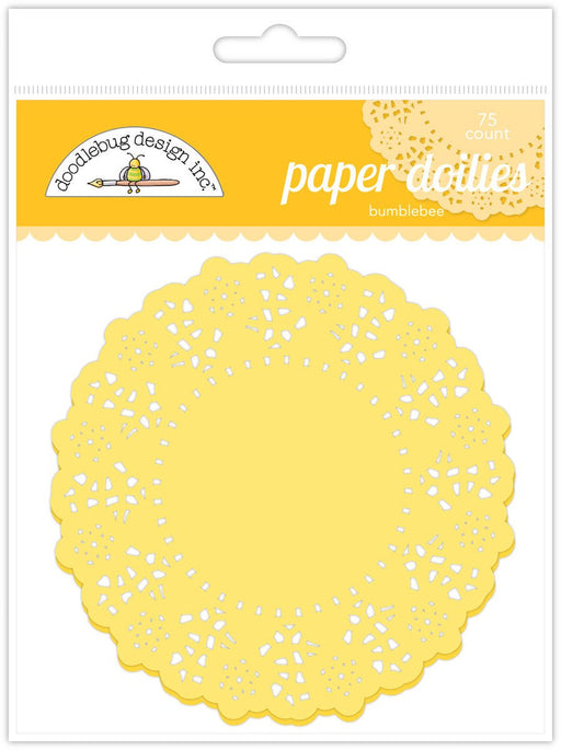 Package of 75 yellow paper doilies with an intricate lace-like pattern, labeled for cupcake use.