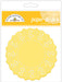 Package of 75 yellow paper doilies with an intricate lace-like pattern, labeled for cupcake use.