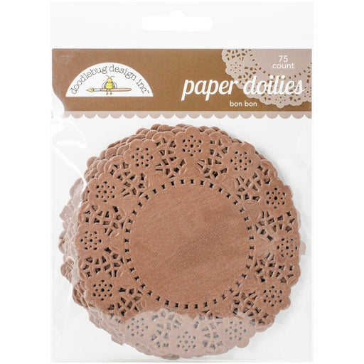 Package of 75 brown paper doilies with an intricate lace-like pattern, labeled for cupcake use.