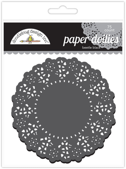Package of 75 black paper doilies with an intricate lace-like pattern, labeled for cupcake use.