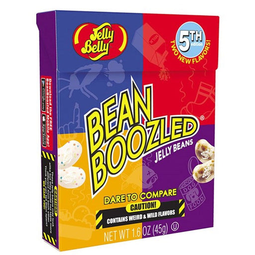 Vibrant rectangular box of Jelly Belly Bean Boozled Jelly Beans, 5th Edition – features a bold yellow and white 'Bean Boozled' logo across a red, blue, orange, and purple color-blocked design with caution stripes, flavor icons, and jelly bean graphics – top corner badge reads '5th Edition – Two New Flavors' and the box warns 'Dare to Compare' with a 'Caution!' label – contains 1.6 oz of assorted jelly beans with wild, weird, and gross mystery flavors for a fun taste-testing game.