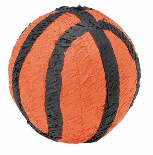 Basketball-shaped piñata covered in orange crepe paper with black striping to resemble a classic basketball.