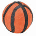 Basketball-shaped piñata covered in orange crepe paper with black striping to resemble a classic basketball.