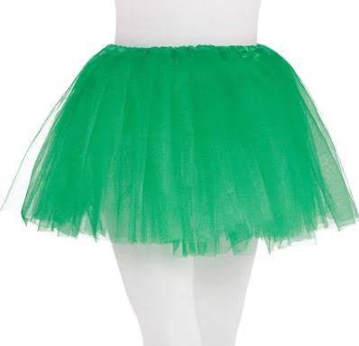 Green tulle tutu skirt with a short, fluffy, and layered design, worn at the waist.