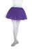Purple tulle ballet tutu worn over white tights, paired with matching purple ballet slippers.