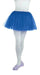 Blue tulle ballet tutu worn over white tights, paired with matching blue ballet slippers.