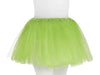 Neon green tulle ballet tutu worn over white tights.
