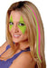 Smiling woman with long blonde hair featuring pink and green streaks, wearing bright green triangular face paint around her eyes, and dressed in a purple top.