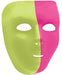 Half-face mask vertically divided into two colors, with the left side in bright green and the right side in vibrant pink, featuring cutouts for the eyes, nose, and mouth.
