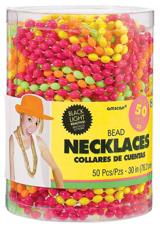 Clear plastic container filled with 50 neon bead necklaces in bright pink, yellow, orange, and green, labeled as black light reactive, with a picture of a smiling person wearing the necklaces and an orange hat.