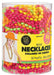 Clear plastic container filled with 50 neon bead necklaces in bright pink, yellow, orange, and green, labeled as black light reactive, with a picture of a smiling person wearing the necklaces and an orange hat.