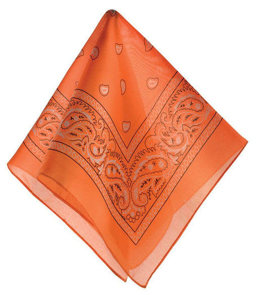 Orange bandana with a classic paisley pattern, featuring black outlined designs and teardrop motifs along the border.