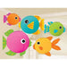 Set of five colorful hanging paper lanterns shaped like fish, in bright shades of pink, orange, teal, yellow, and green, each with contrasting fins and large cartoon-style eyes.