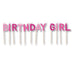 Set of pink letter-shaped candles on sticks spelling 'BIRTHDAY GIRL'.