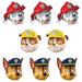 Sheet of Paw Patrol character face cutouts featuring Marshall in a red firefighter helmet, Rubble in a yellow construction helmet, and Chase in a blue police cap.