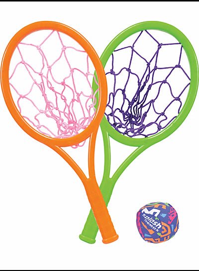 Water toss game set with two rackets, one orange with a pink net and one green with a purple net, plus a colorful splash ball.