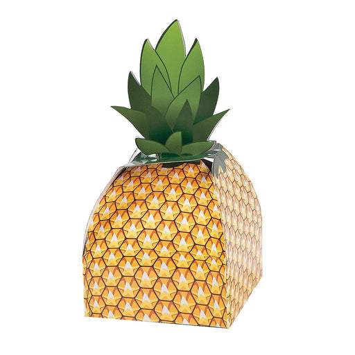 Decorative box designed to look like a pineapple with a yellow geometric-patterned body and layered green paper leaves on top.