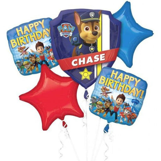 A balloon bouquet featuring five balloons, including two red star-shaped balloons, one blue star-shaped balloon, and two square balloons with a "PAW Patrol" theme. The square balloons show characters from the show with the text "HAPPY BIRTHDAY" in yellow letters on a blue background, and one balloon highlights the character Chase in a shield-shaped design with his name in bold white letters on a red banner.