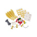 Balloon kit including yellow balloons, black and white twine, gold bow-shaped cutouts, colorful tissue paper confetti, adhesive tabs, and instruction sheets for assembly.