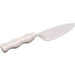 Plastic cake knife with a serrated triangular blade and an ergonomically curved handle, entirely in white.
