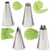 Set of five stainless steel Wilton piping tips, each producing different green frosting designs, including smooth leaf shapes, ridged swirls, ruffled edges, and textured patterns.