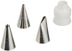 Set of three stainless steel Wilton piping tips in different shapes and sizes, along with a white plastic coupler for attaching tips to piping bags.