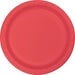 Red round disposable paper plate with a slightly raised rim.