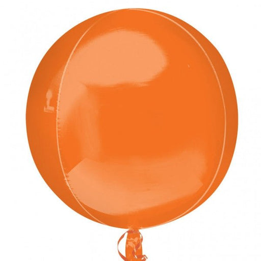 Round orange foil balloon with a smooth, glossy finish, tied at the bottom with matching ribbon.