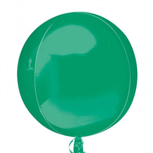 Round green foil balloon with a smooth, glossy finish, tied at the bottom with matching ribbon.