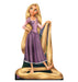 Life-size cardboard cutout of a cartoon princess with long golden hair wearing a purple dress, standing barefoot with her hair wrapped around her feet and held in one hand, smiling and gazing off to the side.