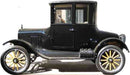 Cut-out of vintage black Model T-style car with a boxy body, wooden spoke wheels, and brass details, shown from the side.