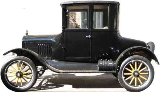 Cut-out of vintage black Model T-style car with a boxy body, wooden spoke wheels, and brass details, shown from the side.