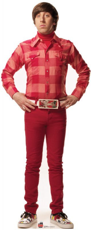 Life-size cardboard cutout of a man with a bowl haircut, standing with hands on hips, wearing a red checkered shirt, red pants, a wide novelty belt, and colorful sneakers with comic-style graphics.