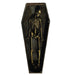 Life-size cardboard cutout of a human skeleton lying in a dark, weathered wooden coffin with a slightly tilted head and relaxed limbs.