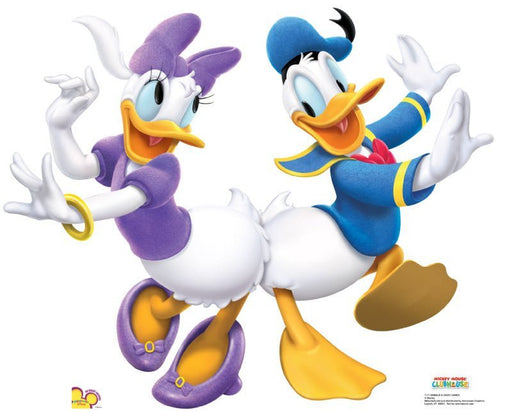 Cardboard cutout of Daisy Duck and Donald Duck standing back-to-back in cheerful poses. Daisy is dressed in a purple outfit with matching shoes and bow, while Donald wears his classic blue sailor suit with red bow tie.
