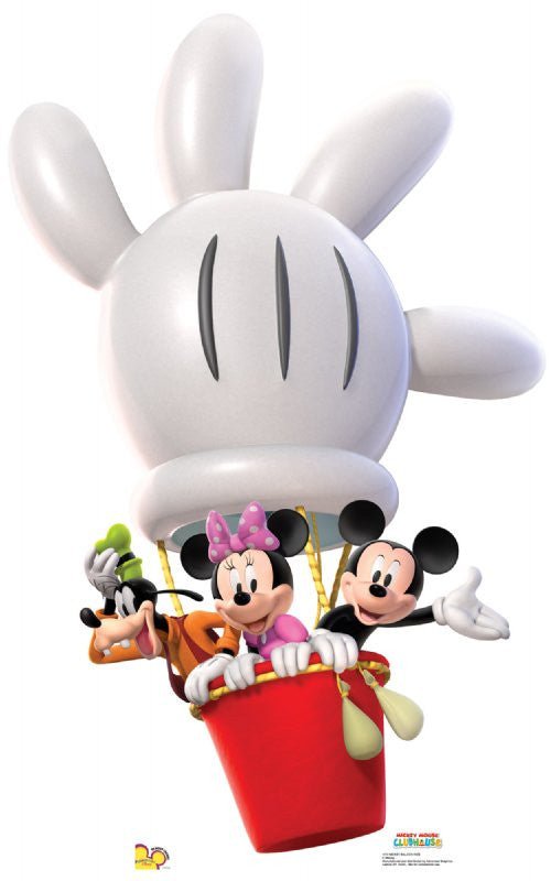 Cardboard cutout featuring Mickey Mouse, Minnie Mouse, and Goofy riding in a red hot air balloon basket with a large white glove-shaped balloon above them, all smiling and waving.