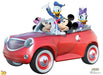 Cardboard cutout featuring Mickey Mouse driving a red convertible with Minnie Mouse in the passenger seat and Donald Duck and Daisy Duck riding in the back, all smiling and waving.