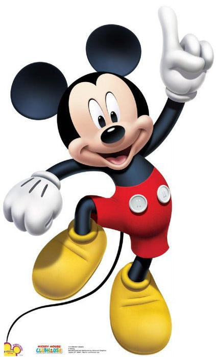Cardboard cutout of Mickey Mouse in a cheerful pose, wearing his classic red shorts with white buttons, yellow shoes, and white gloves, with one arm raised and finger pointing upward.