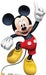 Cardboard cutout of Mickey Mouse in a cheerful pose, wearing his classic red shorts with white buttons, yellow shoes, and white gloves, with one arm raised and finger pointing upward.