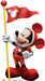 Cardboard cutout of Mickey Mouse dressed in a red space suit with a clear helmet, holding a red flag featuring a white Mickey Mouse head silhouette.