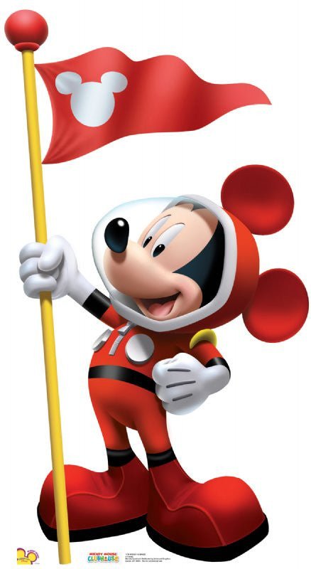 Cardboard cutout of Mickey Mouse dressed in a red space suit with a clear helmet, holding a red flag featuring a white Mickey Mouse head silhouette.