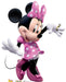 Cardboard cutout of Minnie Mouse wearing a pink dress with white polka dots, matching bow, and pink heels, posed with one foot raised and one hand extended showing a ring.