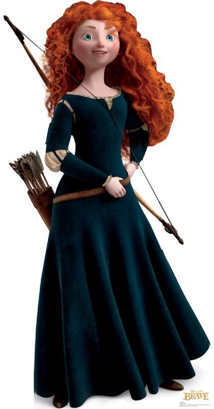 Life-size cardboard cutout of an animated red-haired girl in a long dark teal dress, holding a bow with a quiver of arrows on her back, standing confidently with a determined expression. The 'Brave' movie logo is at the bottom corner.
