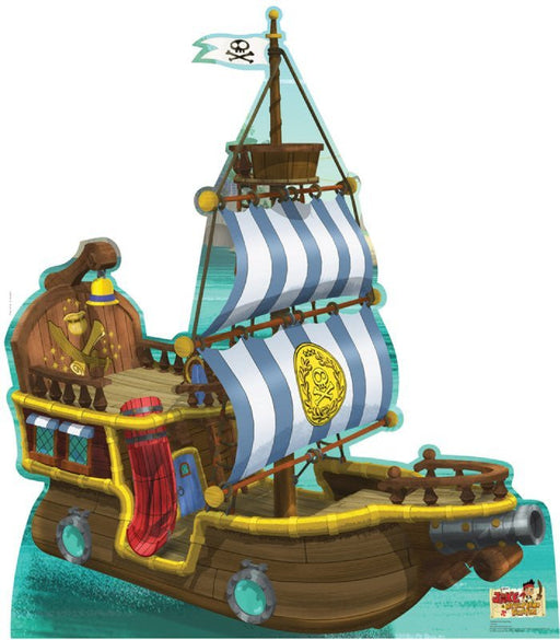 Life-size cardboard cutout of a colorful animated pirate ship with striped blue and white sails, a yellow pirate emblem, and a black skull-and-crossbones flag atop the mast. The wooden ship features gold trim, a red slide, and playful cartoon detailing. The 'Jake and the Never Land Pirates' logo appears in the corner.