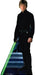 Life-size cardboard cutout of a young man dressed in an all-black outfit with a black belt and boots, holding a glowing green lightsaber in his right hand. He stands confidently with a serious expression in front of a futuristic staircase. The Star Wars logo is at the bottom corner.
