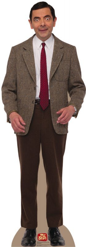 Life-size cardboard cutout of a man with a quirky expression, wearing a brown tweed blazer, white shirt, red tie, and brown trousers. He stands with hands slightly raised and fingers bent, in a signature awkward pose. The 'Mr. Bean' logo appears at the base.